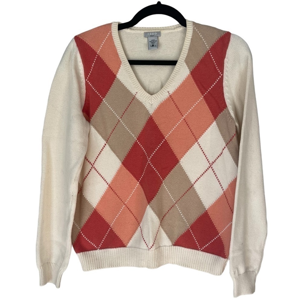 IZOD Golf Argyle Long Sleeve V-Neck Cotton Sweater Size Medium